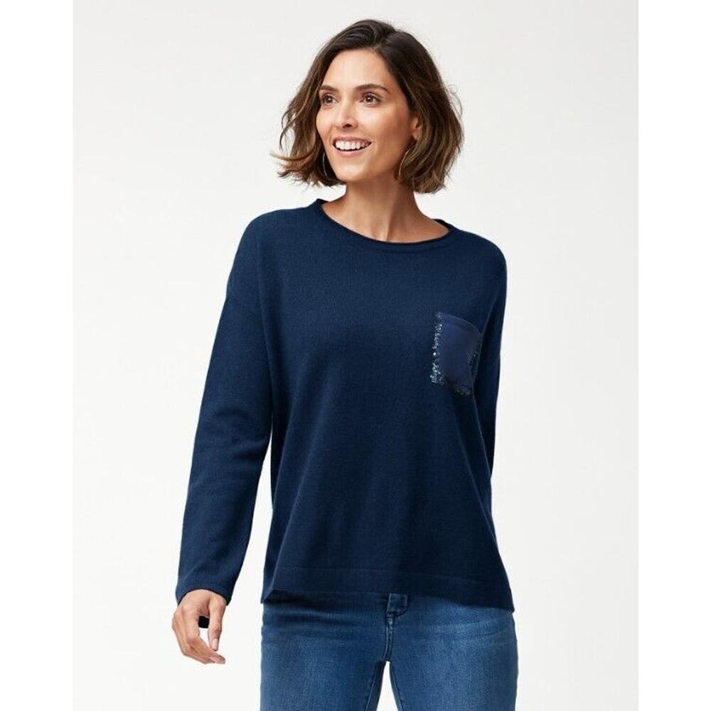 Tommy Bahama Wool Cashmere Sweater Navy Blue Serena Sequin Pocket Womens Large